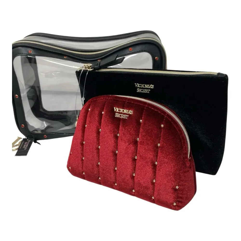 Victorias Secret Makeup Bag Set Velvet Cosmetic Pouches Clear Travel Case Glam